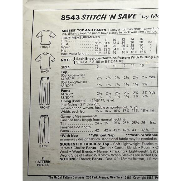 McCalls 8543 Sewing pattern knit top half sleeve pant pleat front size 12 14 16 - Picture 4 of 5